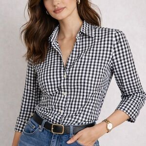 Black White Gingham Button Down Shirt Checkered V neck Classic Preppy Academia